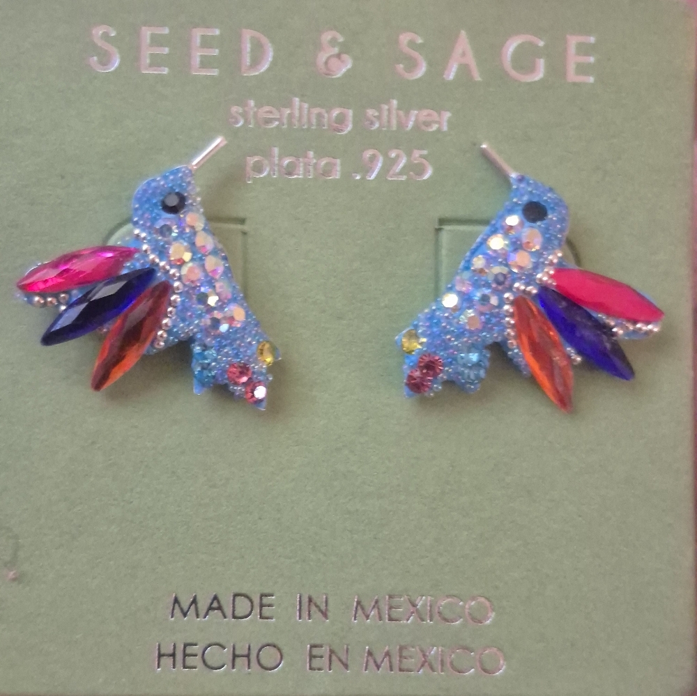 SEED & SAGE sterling multi color crystal Adorable Sterling bird earrings CUTE